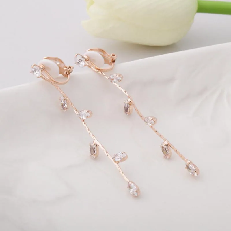 JIOFREE  Long Tassel Rhinestone crystal Clip on Earring no pierced for Women luxury jewerly