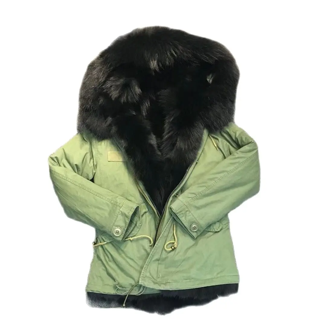 Classic Parka Army Green Outer Shell Black Fox Fur Lining Onercoat Short Style For Men And Women With Raccoon Fur Collar