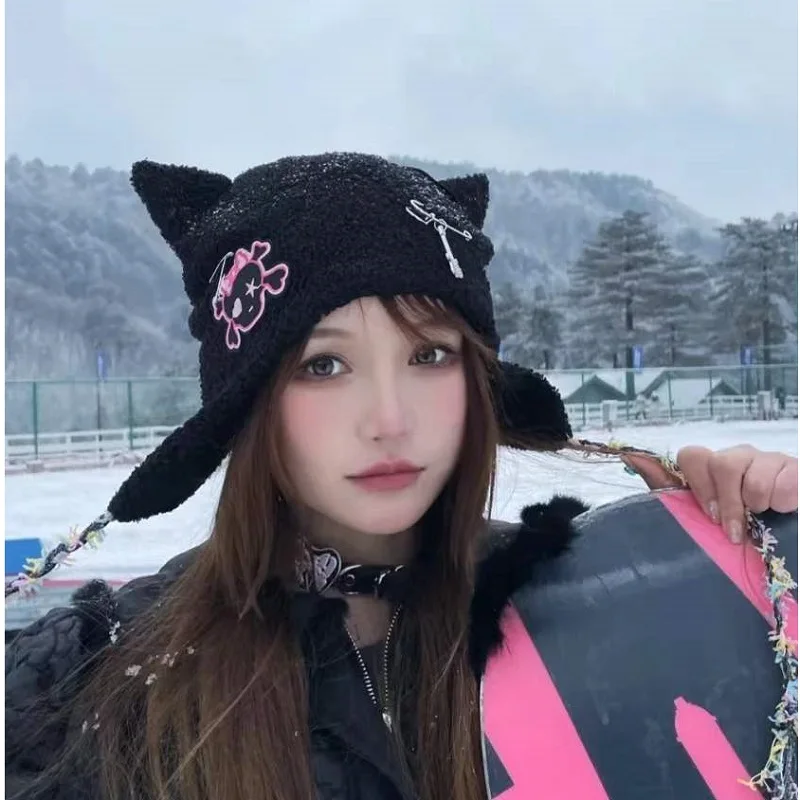 Mikumn Japanese Harajuku Kawaii Black White Skull Cat Ears Hats For Women Girl Winter Warm Lambswool Cute Beanie Caps