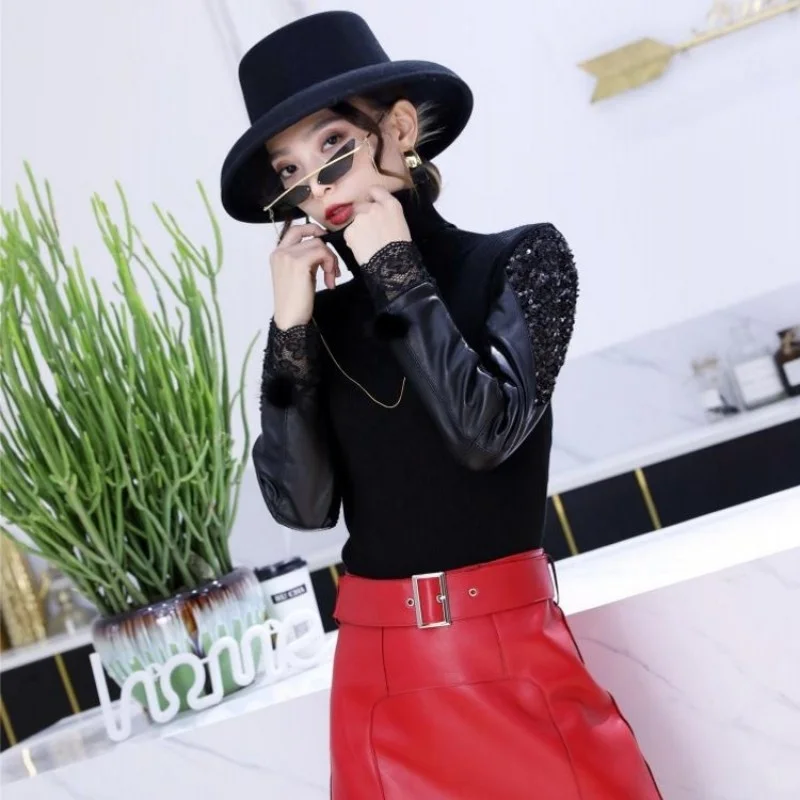 Winter Autumn Women Turtleneck Sweater Pullover Patchwork Sequined Sheepskin Genuine Leather Long Sleeve Slim Fit Knitted Tops