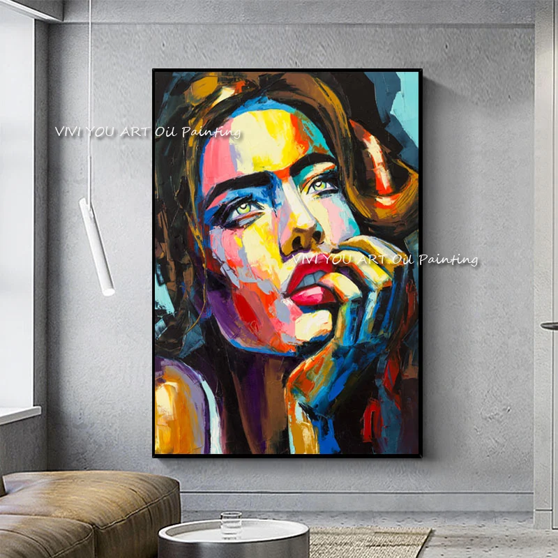 Original Hand Painted Pop Art Sexy Lady Face Oil Canvas, Impasto Texture Abstract Portrait Wall Art Decor For Villa Lobby