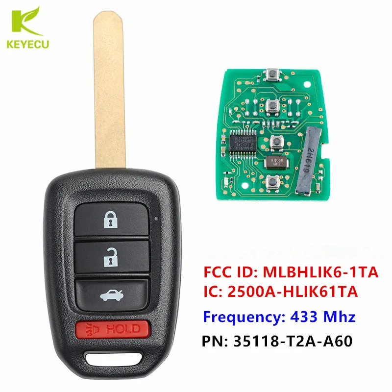 

KEYECU Replacement Remote Head Key FOB 433MHz for H*ONDA ACCORD 2016-2017 CIVIC 2016-2019 MLBHLIK6-1TA 35118-T2A-A60