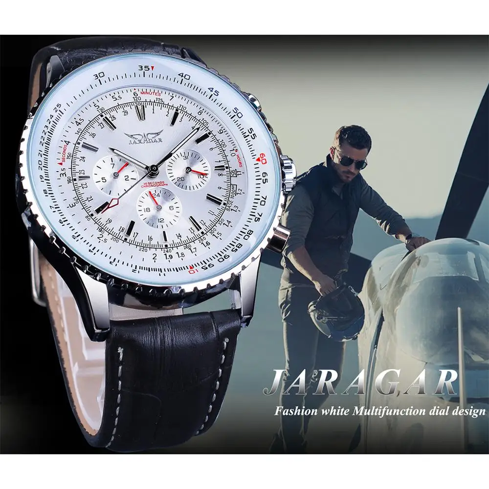 Jaragar White Dial Complete Calendar Mechanical Watch Leather Band Automatic Watch Luminous Hand Date Man Clock Top Brand Luxury