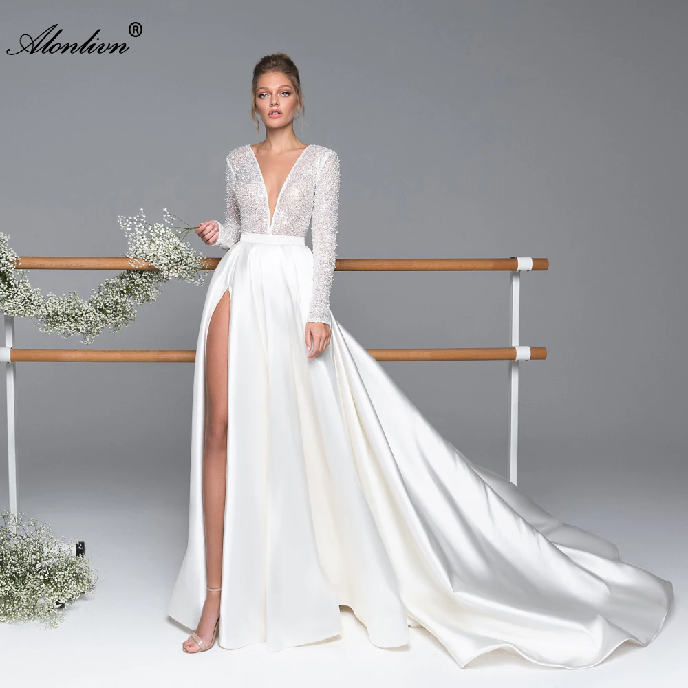 

Alonlivn Vestido De Noiva A-Line Wedding Dresses Classic Beading Shiny Deep V-Neck Full Sleeve Princess Bridal Gowns