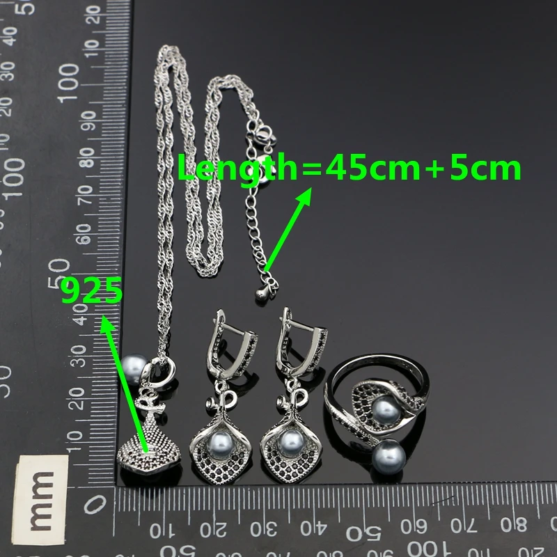 925 Silver Bridal Jewelry Sets Grey Pearl Beads Black CZ For Women Earrings Pendant Necklace Bracelet Open Ring