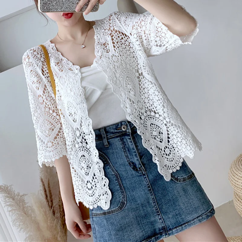 Short Shawl Hollow Knitted Sweater Spring And Summer Literary Style Three-quarter Sleeve Cardigan Women's Air-conditioning Shirt