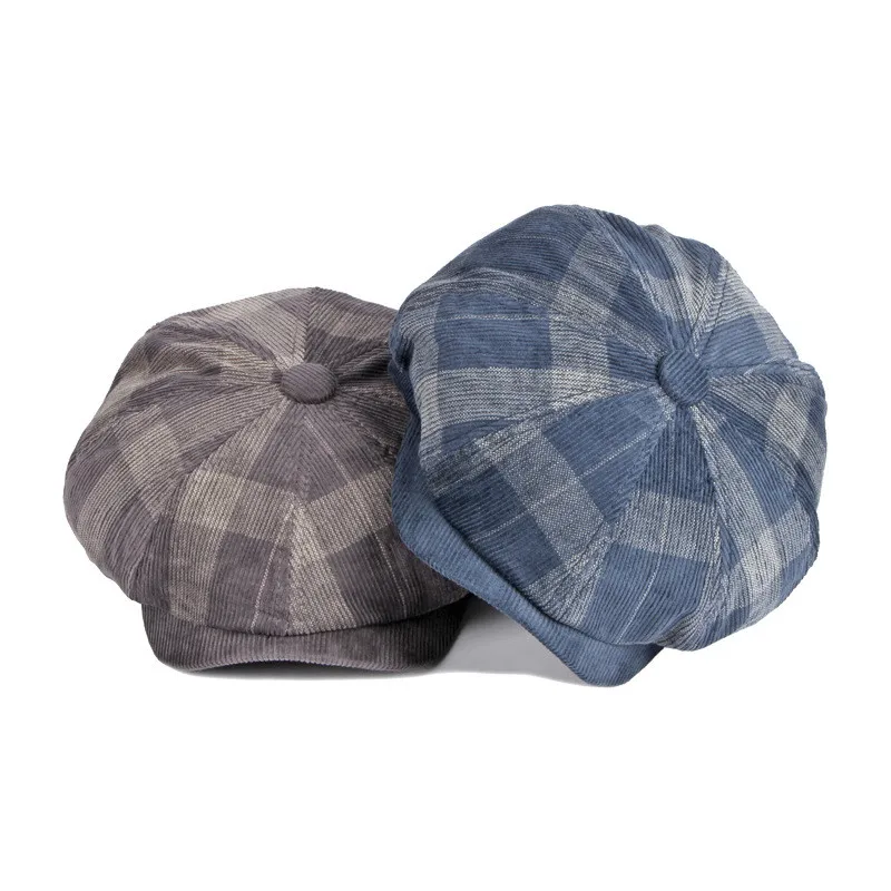 Spring Autumn Corduroy Plaid Newsboy Caps Flat Peaked Cap Men and Women Painter Beret Hats 23