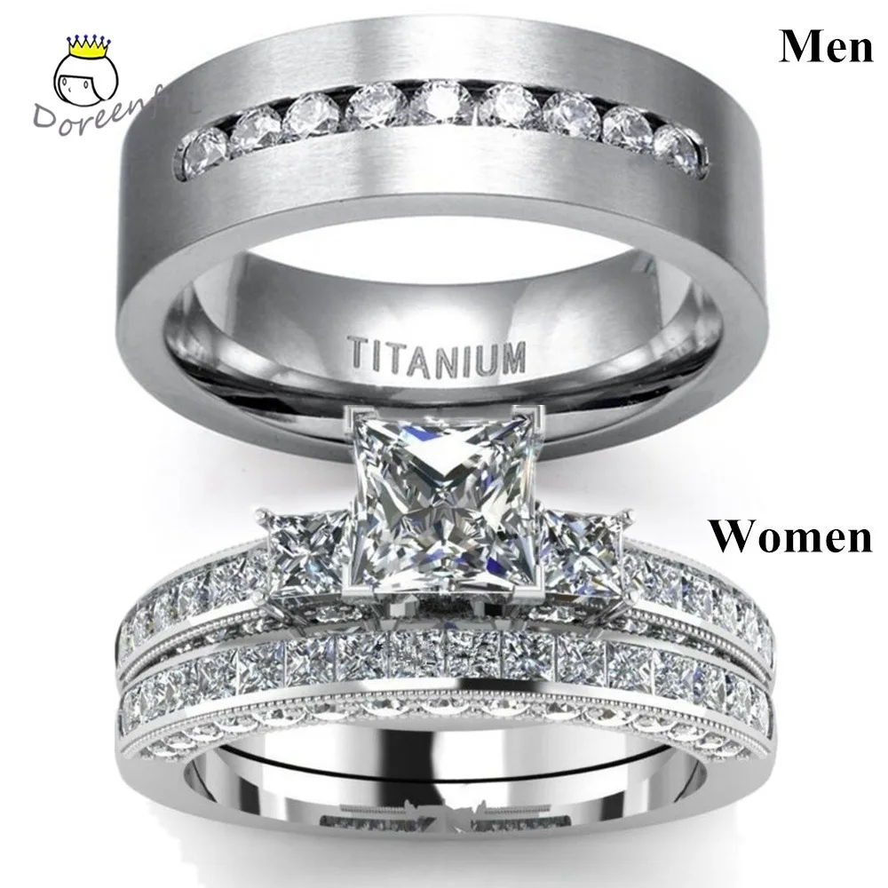 New Hot Square Crystal 925Sterling Silver Engagement Rings For Couples Women Stainless steel Men\'s Bridal Wedding Band Size 5-14