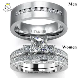 New Hot Square Crystal 925Sterling Silver Engagement Rings For Couples Women Stainless steel Men's Bridal Wedding Band Size 5-14