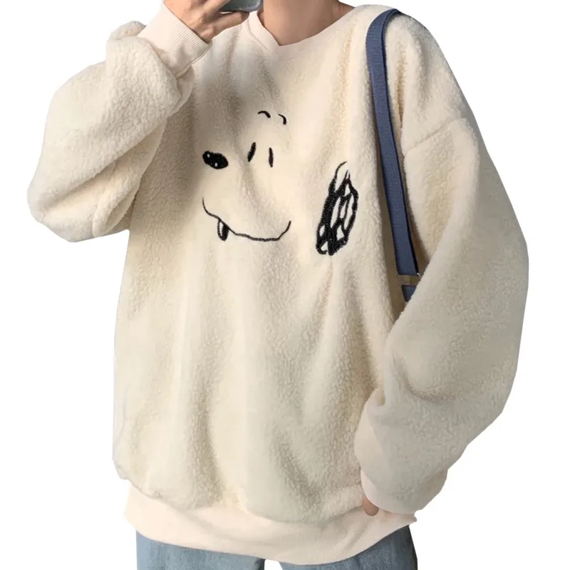 

Sweet Girly Style Winter New Arrivals Women Hoodie Sweatshirt Apricot Lamb Wool Embroidery Cute Puppy Female Loose Pullover