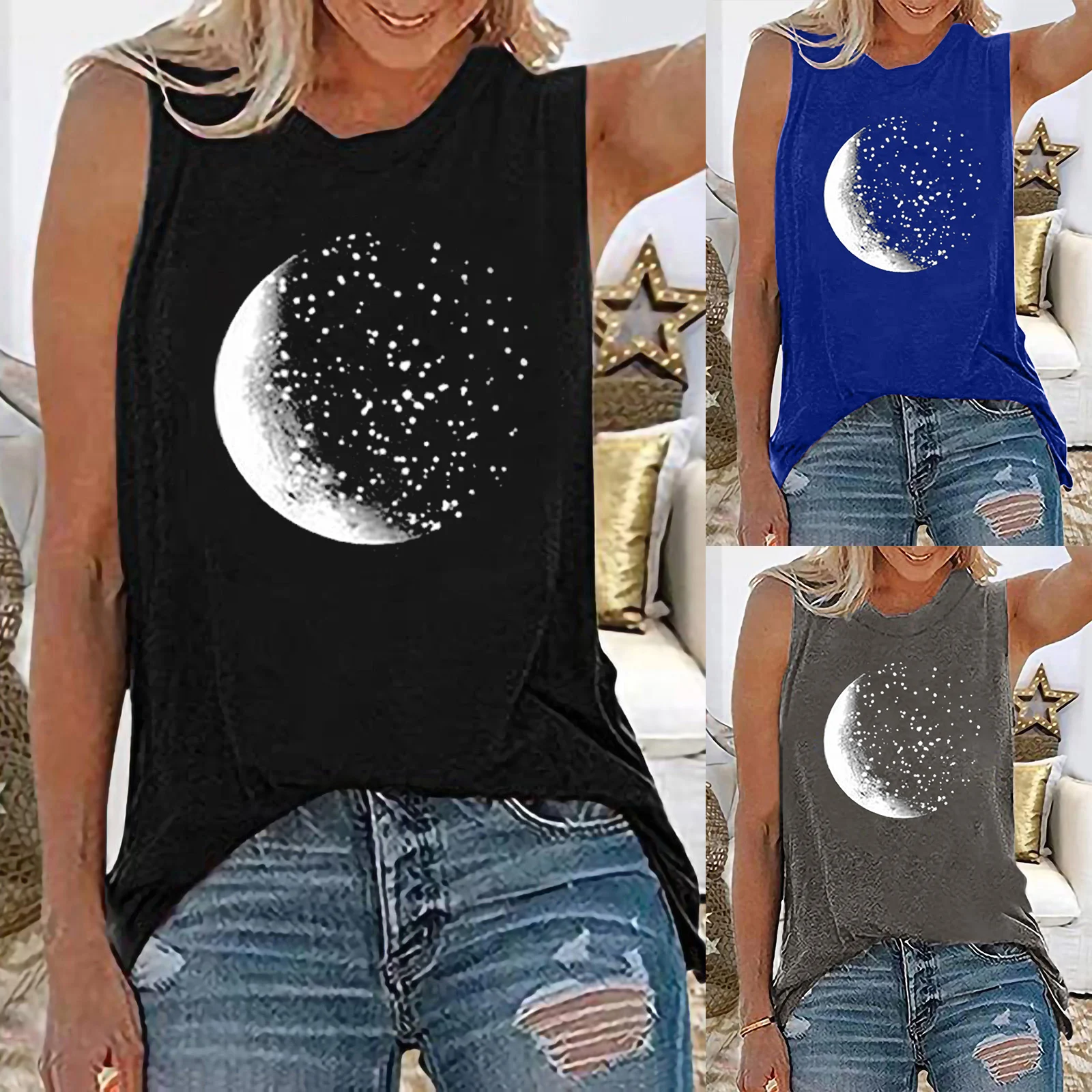 Seeyoushy Moon Print Funny Women T-shirt Sleeveless Vintage Summer Tee Shirt Femme Harajuku Shirt for Women Summer Tops Clothes