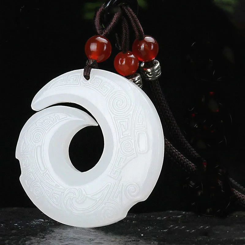 Natural White Jade Rune Pendant Necklace Double-Sided Hand-Carved Charm Jewelry Fashion Accessories Amulet for Men Women Gifts