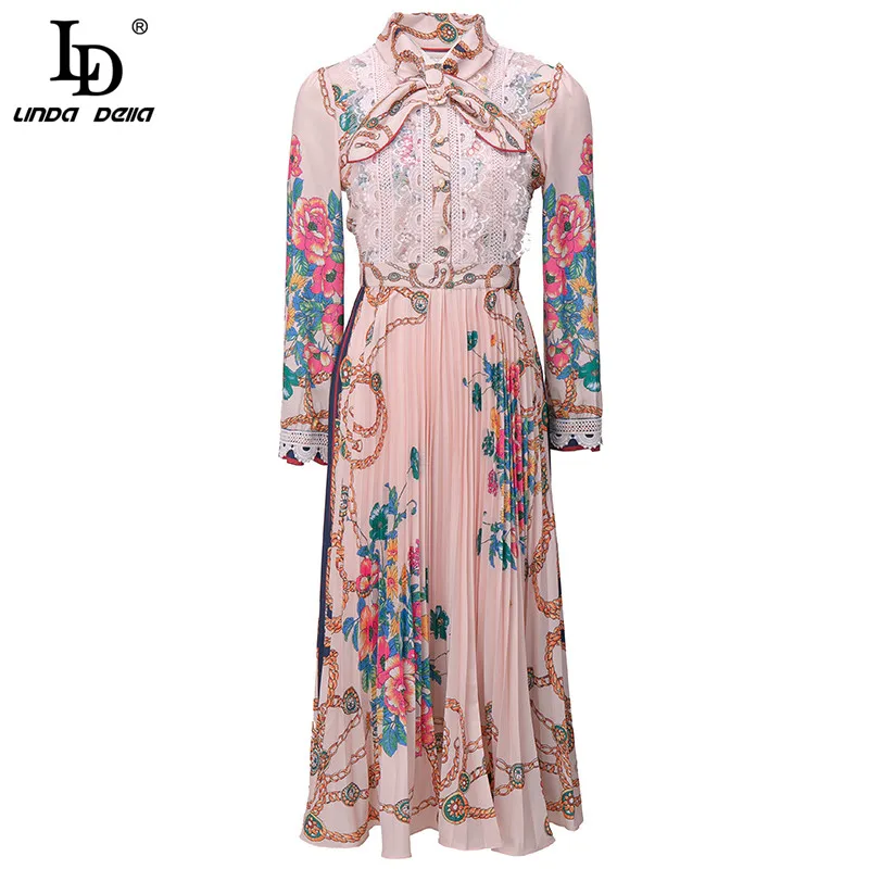 Imagem -02 - Linda Della Designer de Moda Vestido de Verão para Mulheres Arco Manga Longa Renda Floral Impressão Feminina Vintage Vestido Midi Plissado ld