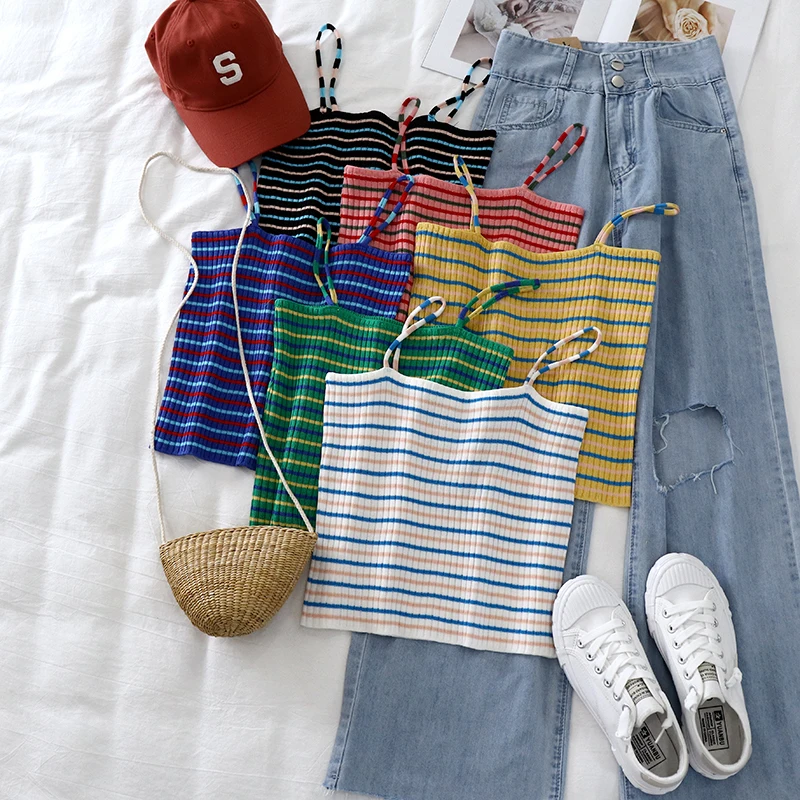 OUMEA Women Knitted Camisole Rainbow Striped Crop Cami Top Summer Slim Fit Beach Short Tops топ женский cropped feminino Tops