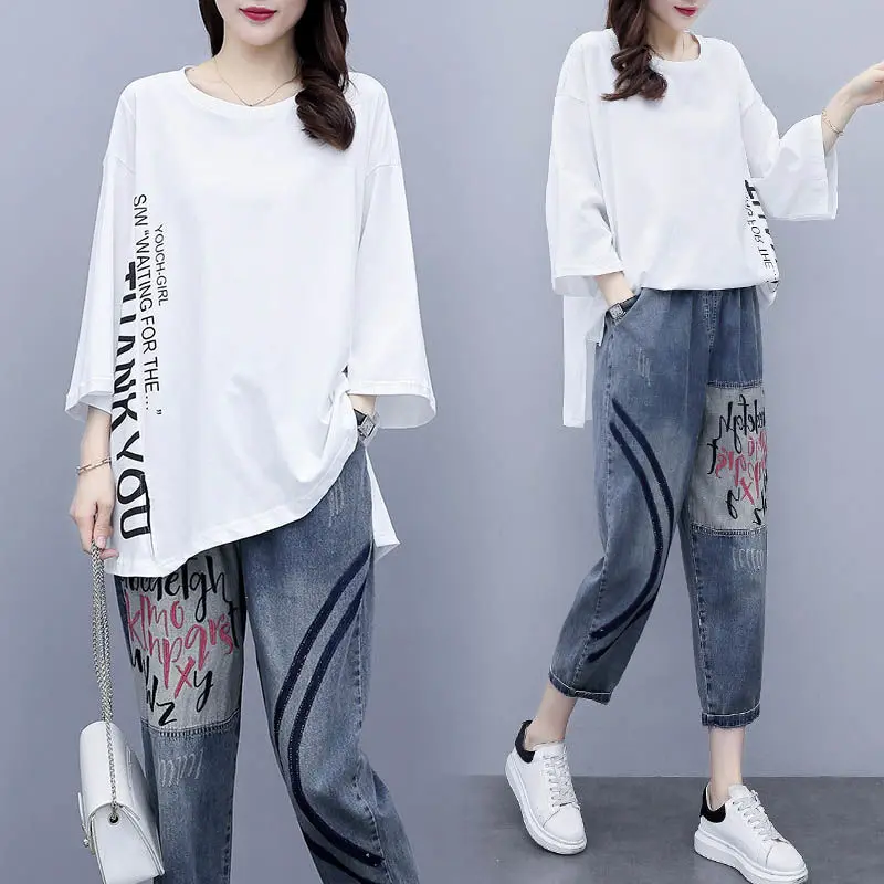 2023 New Women Two Piece Set White Black Top And Jeans Outfit Female 4XL Loose Casual Suits Lady Denim Pants 2PCS Y697