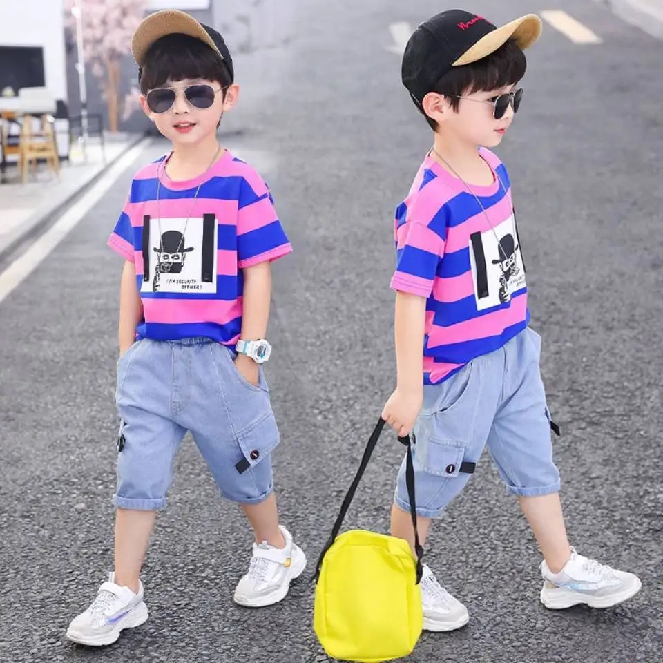 Summer Baby Boys Clothes Suit Stripe Cotton T-shirt+Jeans Short Pant 2PCS Set Kids Boys Clothing  For 3 4 5 6 7 8 9 10 11 12 Yrs