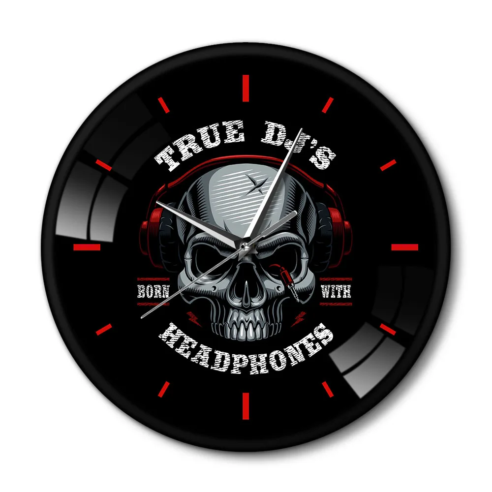 12 inch Horror Hallown True DJ'S Born With Headphone Wall Clock Black Metal Frame Music Skull Rock n Roll Silent Quartz Saat