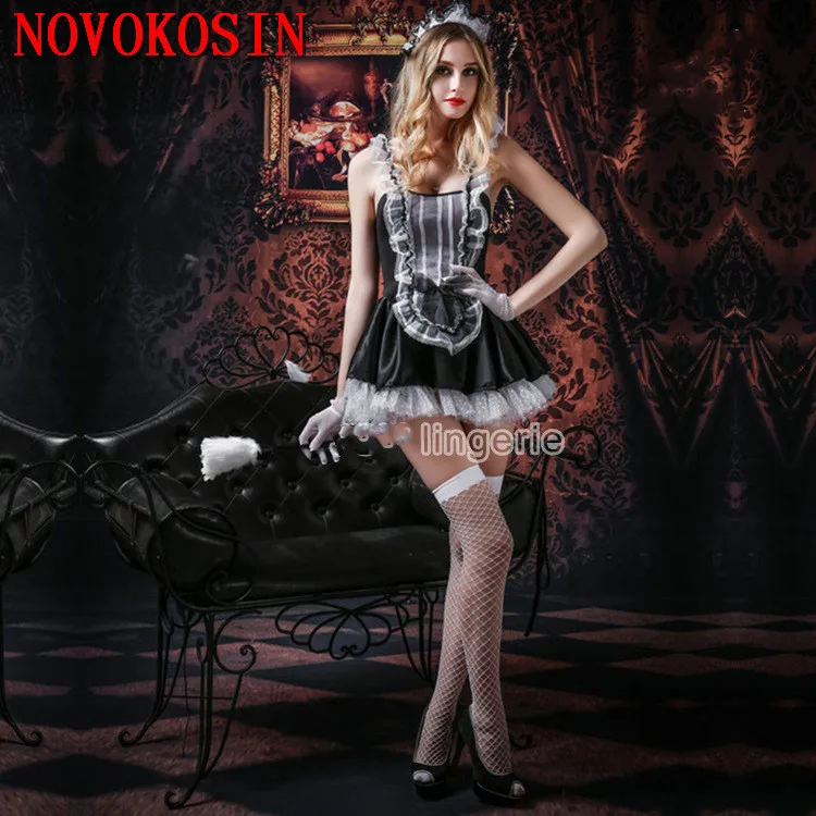 

Black With White France Maid Role-Playing Cosplay Costumes Women Servant Sexy Pinafore Dress With Panties Brush Socks Glove