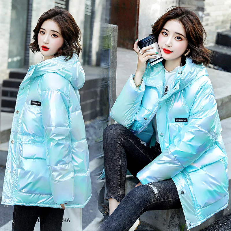 Đẹp Mùa Đông Pop Sáng Khoác Nữ Dây Kéo Sáng Bóng Trùm Đầu Parkas Áo Khoác Hàn Quốc Chống Nước Ấm Làm Dày Cotton Áo Khoác Nữ LD2160