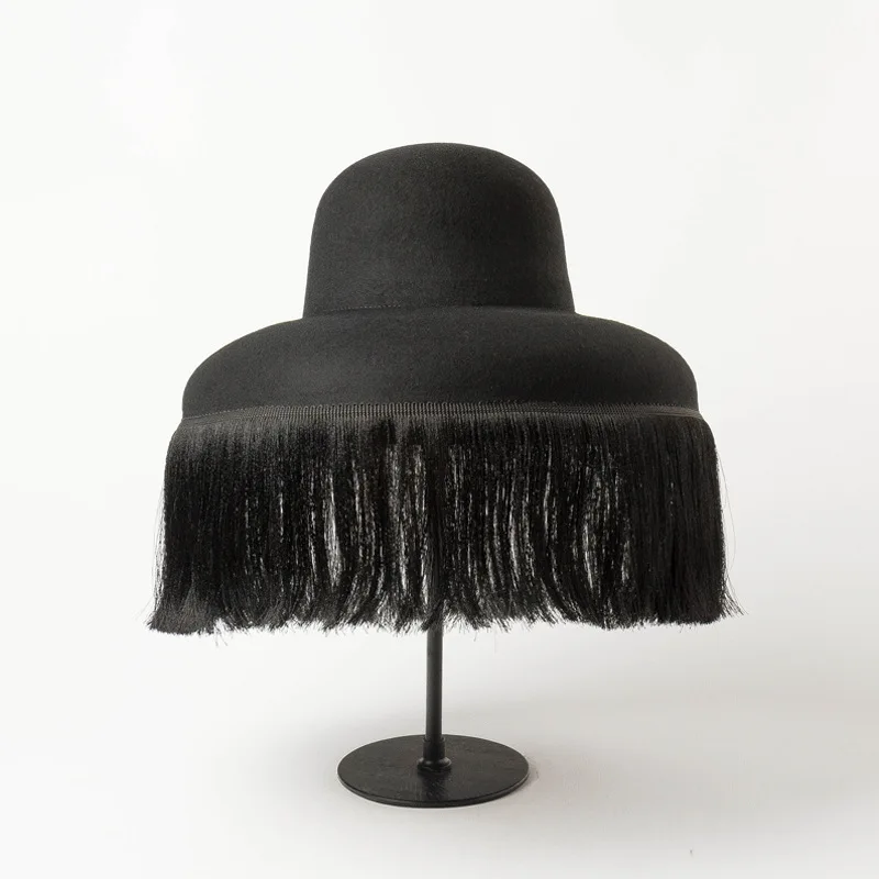 

Fashion Black Hat Quality Autumn And Winter New Dome Cap With Fringed Fedora Hat Retro Personality Bucket Hat Custom Style Cape