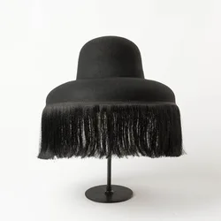 Fashion Black Hat Quality Autumn And Winter New Dome Cap With Fringed Fedora Hat Retro Personality Bucket Hat Custom Style Cape