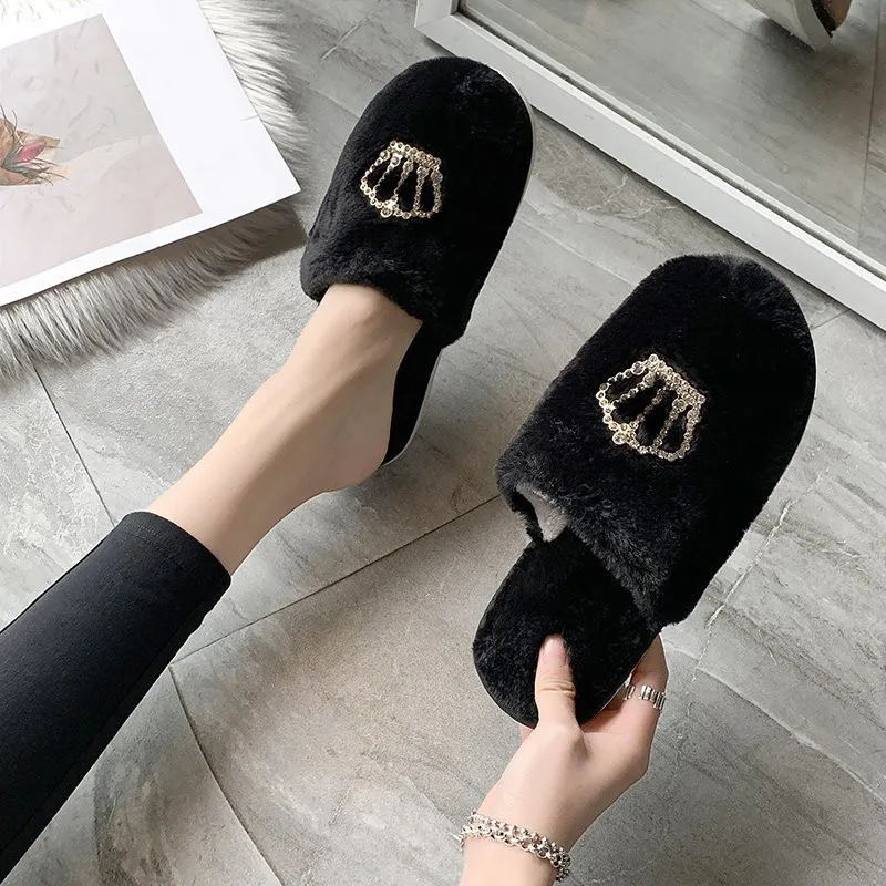 COOTELILI Winter Fashion Women Home Slippers Faux Fur Warm Shoes Woman Slip on Flats Female Fur 1.5cm Heel Plus Size 36-41