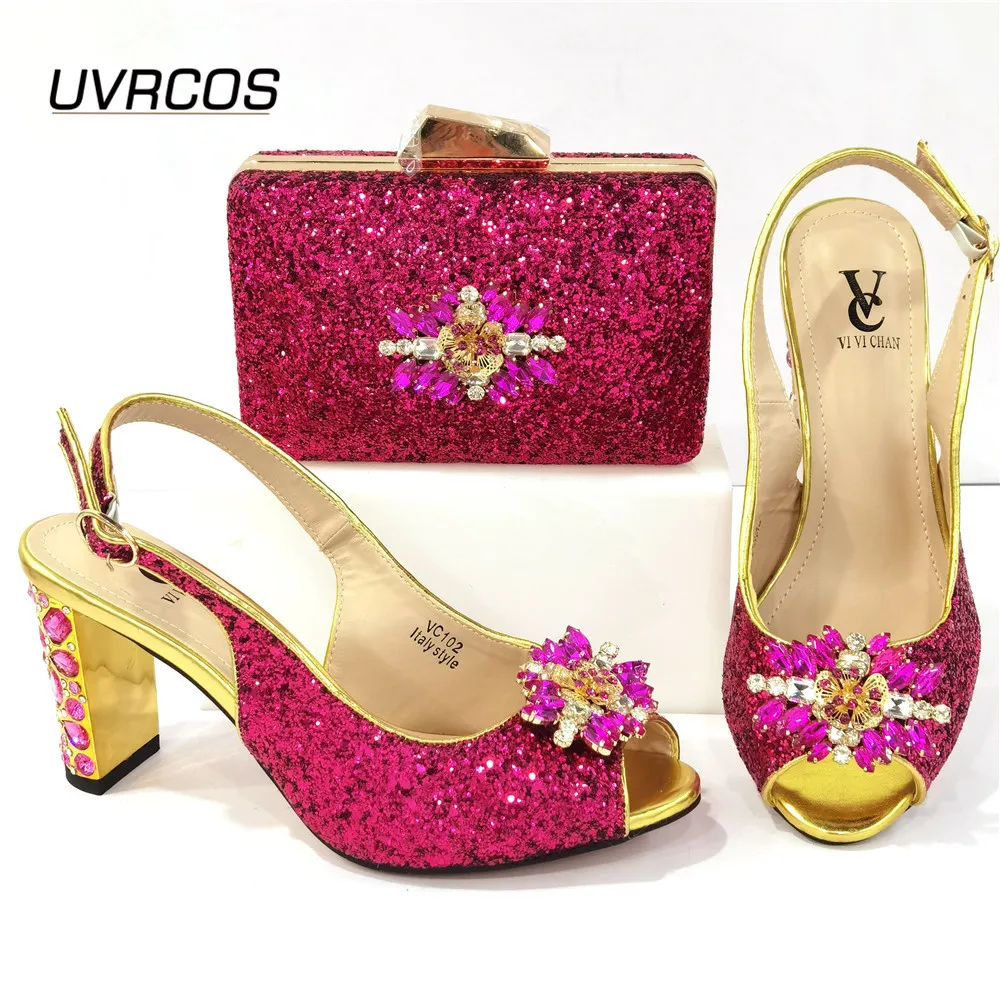 Nigerian Fashion New Arrival Italian Design Crystal and Appliques Decoration Style Women Shoes and Bag Set in Gold Color Sweet