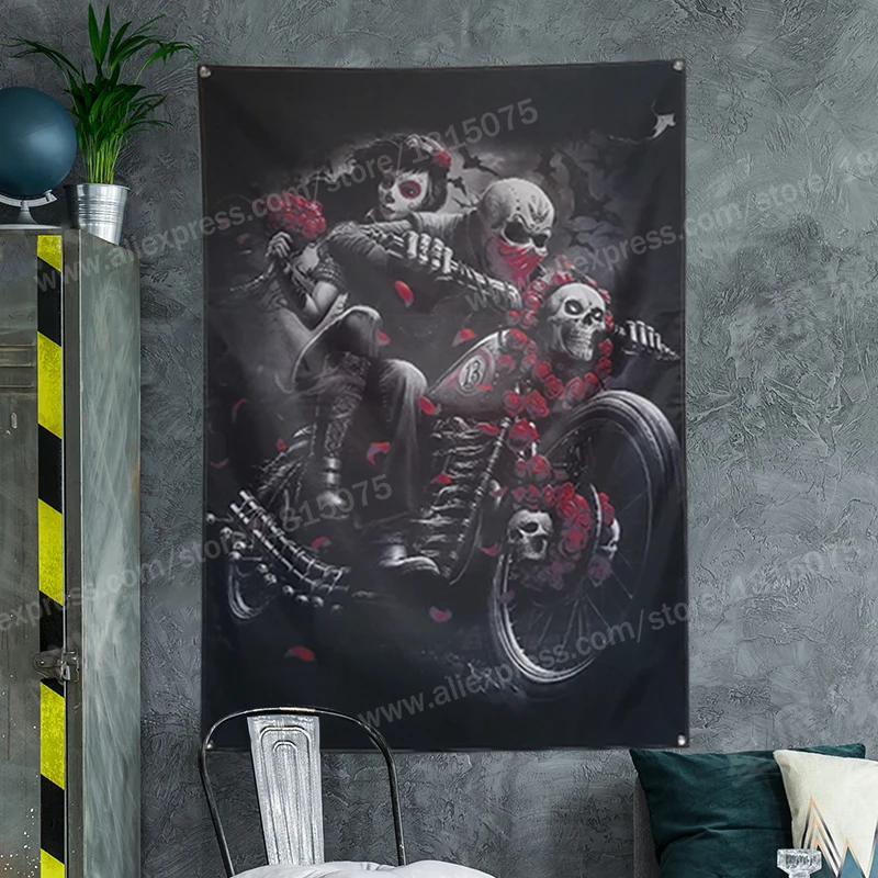 Skull Tattoo Motorcycle Biker Roses Flag Banner Sexy lady Beauty Art Home Decoration Hanging 4 Gromments in Corners 3*5FT