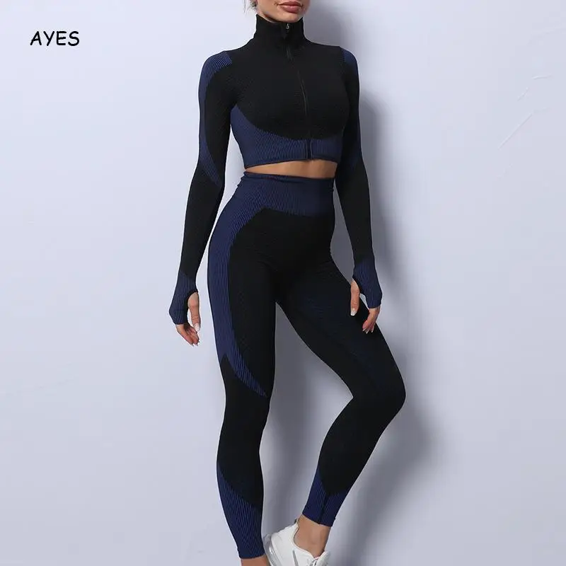 3PCS Patchwork Women Yoga Set Workout Sportswear Gym Clothing Fitness Long Sleeves Short Coat High-waisted Leggings Sports Suits