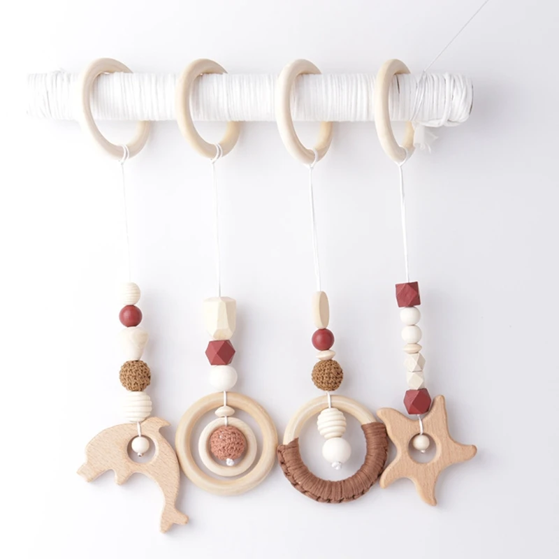 4 Pcs/Set Baby Gym Frame Pendants Crochet Rattle Wooden Teether Infant Newborn Teething Nursing Toys Shower Gifts Room Decor