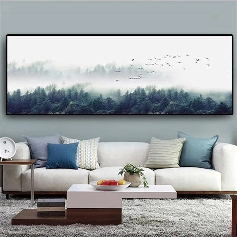 Mountain Foggy Forest Nature Tree Birds Canvas Painting Posters Print Scandinavian Wall Art Picture Bedroomn Home Decor Cuadros