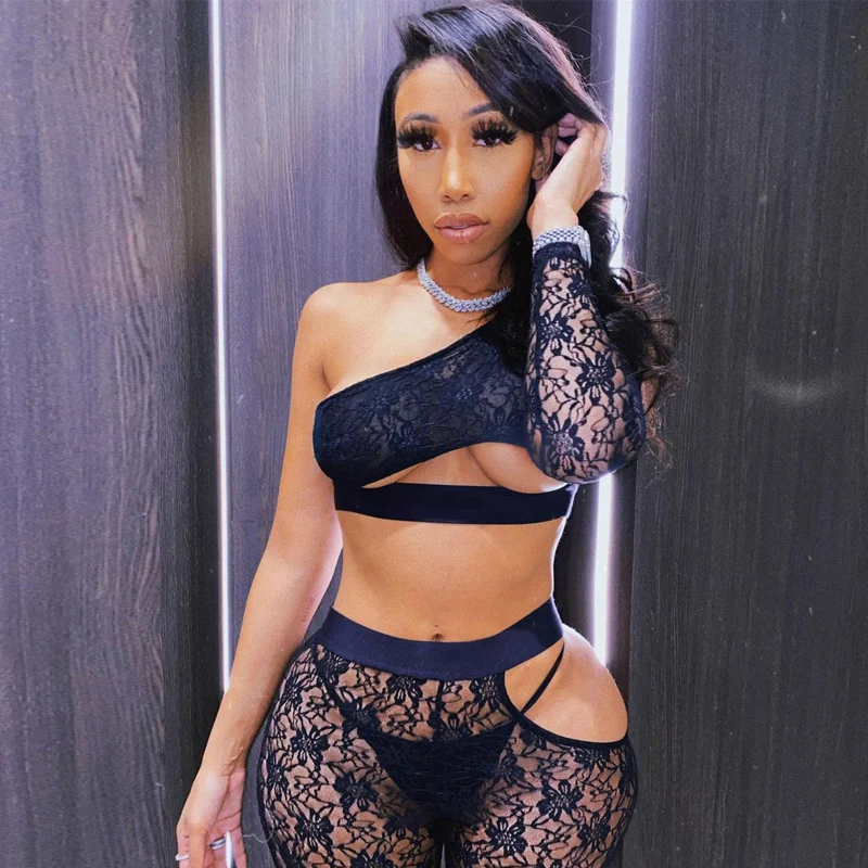 2020 Long Sleeve One -Shoulder Patchwork Lace women's top trouser suit 2 Pieces Set Autumn Winter Women Sexy Party Tracksuit