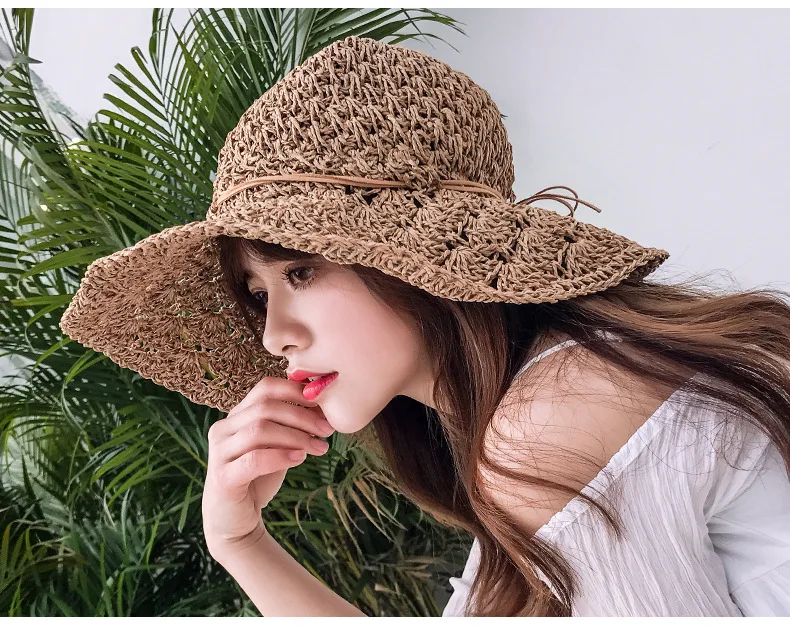 Summer New Women\'s Sun Hat Bucket cap Ribbon Flat top Straw Hats Beach Caps Panama Women Sun Hat Large Brim Straw Outdoor Hat