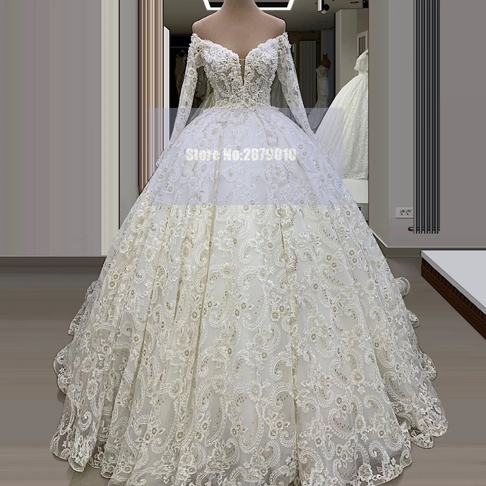 

Off The Shoulder Long Sleeves Mariage Wedding Dresses Ball Gown Floor-Length Applique Beaded Sequins Bridal Gown 2020 Dubai