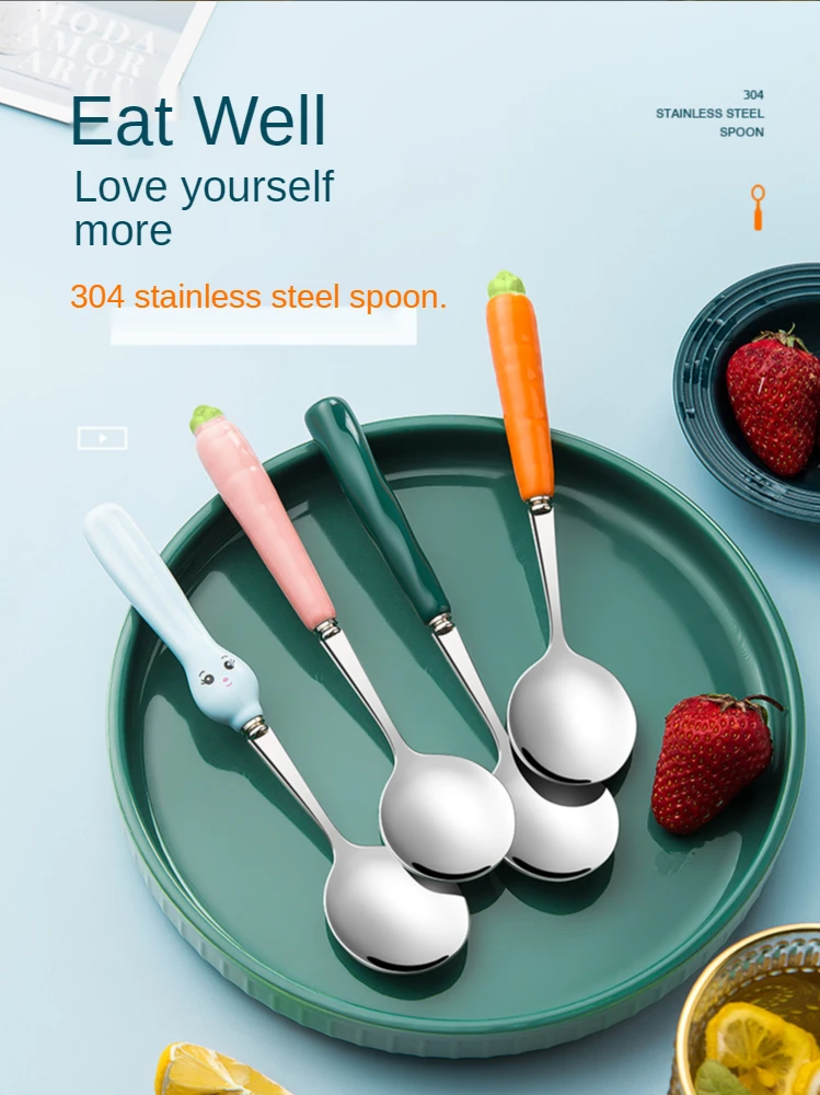 3Pcs Cute 304 Stainless Steel  Spoon Household for Child's Eating Ceramic Spoon Kitchen Spoon Small Spoon Student Dormitory