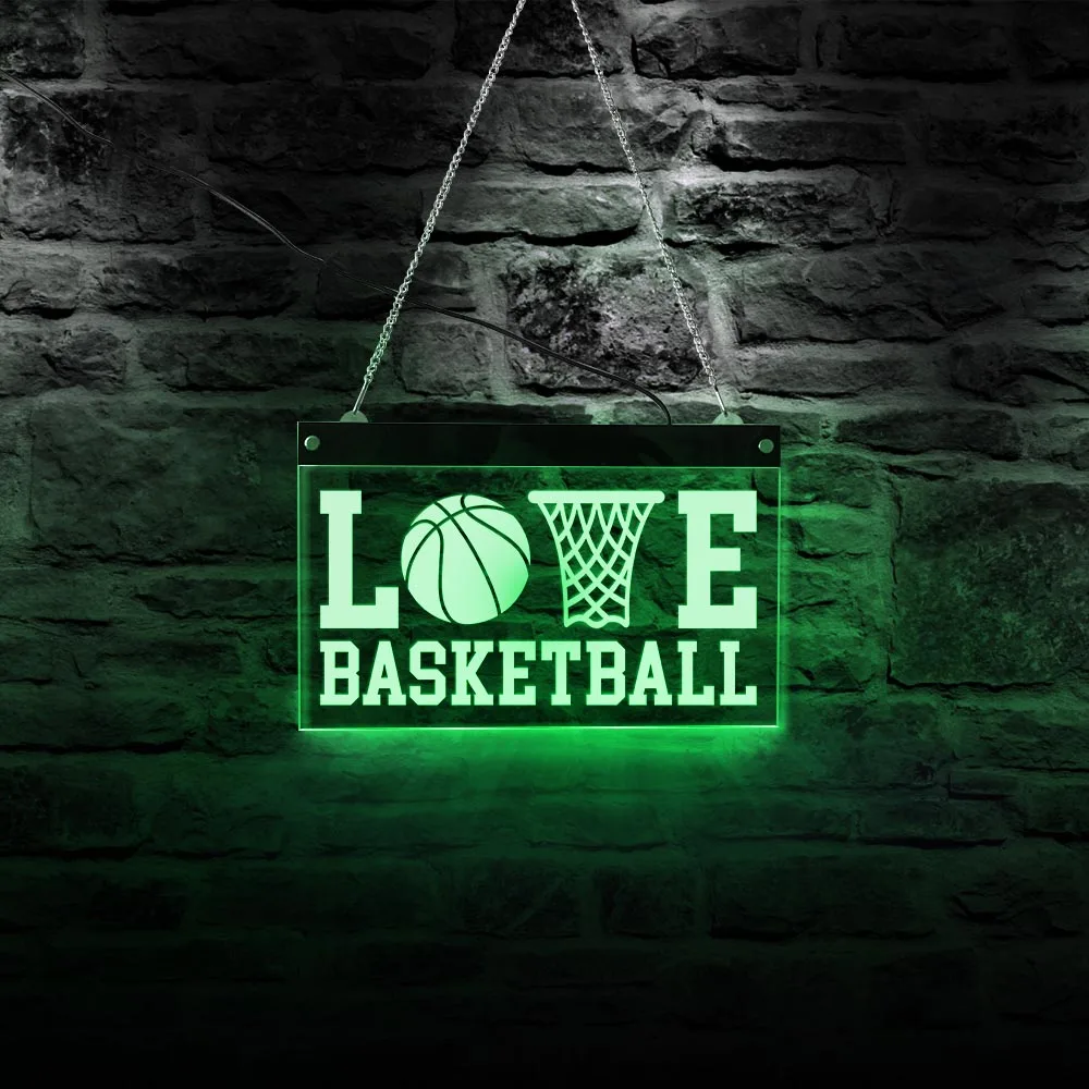 LOVE BASKETBALL Rectangle Acrylic Neon Light Board Ball Basket Bag Icon Multi-color Lighting Wall Art Basketball Club LED Signs