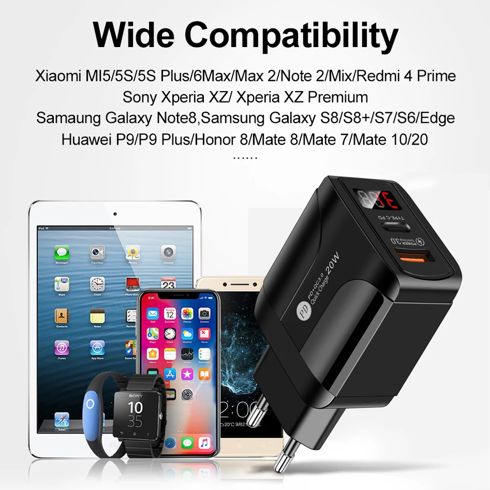 PD 20W USB Type C Charger LED Fast Phone Charger Adapter For iPhone 12 AirPods iPad Huawei Xiaomi Samsung Quick charge 3.0 4.0