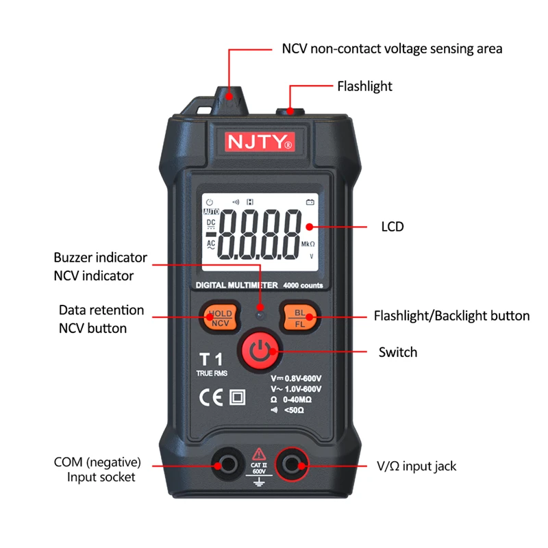 Inteligentny multimetr cyfrowy 4000 zlicza Mini Tester motoryzacyjny True RMS NCV 600V AC DC Tester napięcia przenośny miernik elektryczny