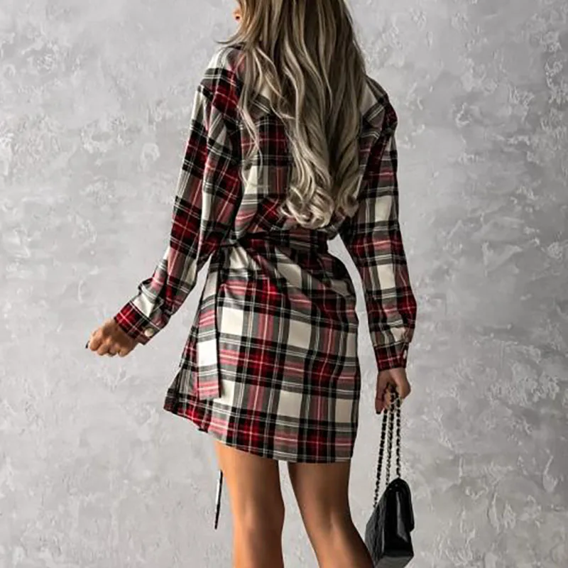 Retro Plaid Gedrukt Vrouwen Knoppen Shirt Jurk Dame Elegante Turn Down Kraag Lange Mouw Mini Jurk Vrouwelijke Feestjurk Met riem