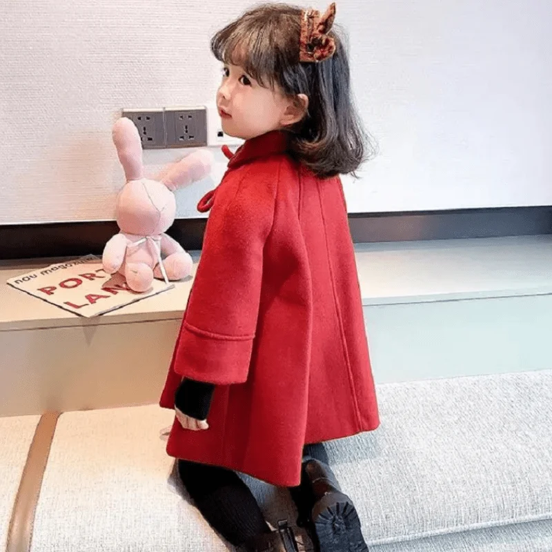 Baby Girl Princess Christmas Woolen Jacket Warm Child Lapel Tweed Red Cloak Coat Spring Autumn Winter Baby Outwear Clothes 1-10Y