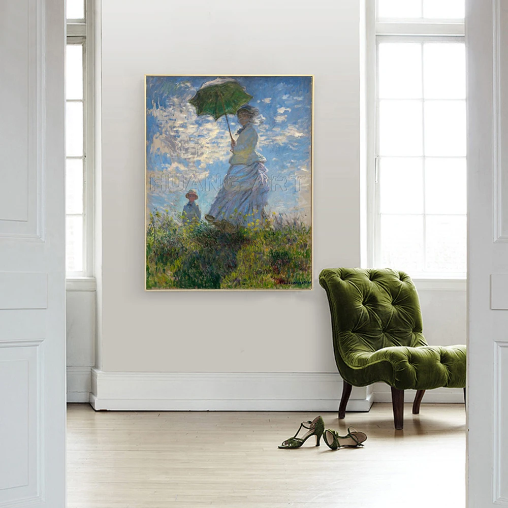 French Artist Monet Oil Painting Hand Painted Holding an Umbrella Women Landscape Oil Painting on Canvas Wall Art Picture