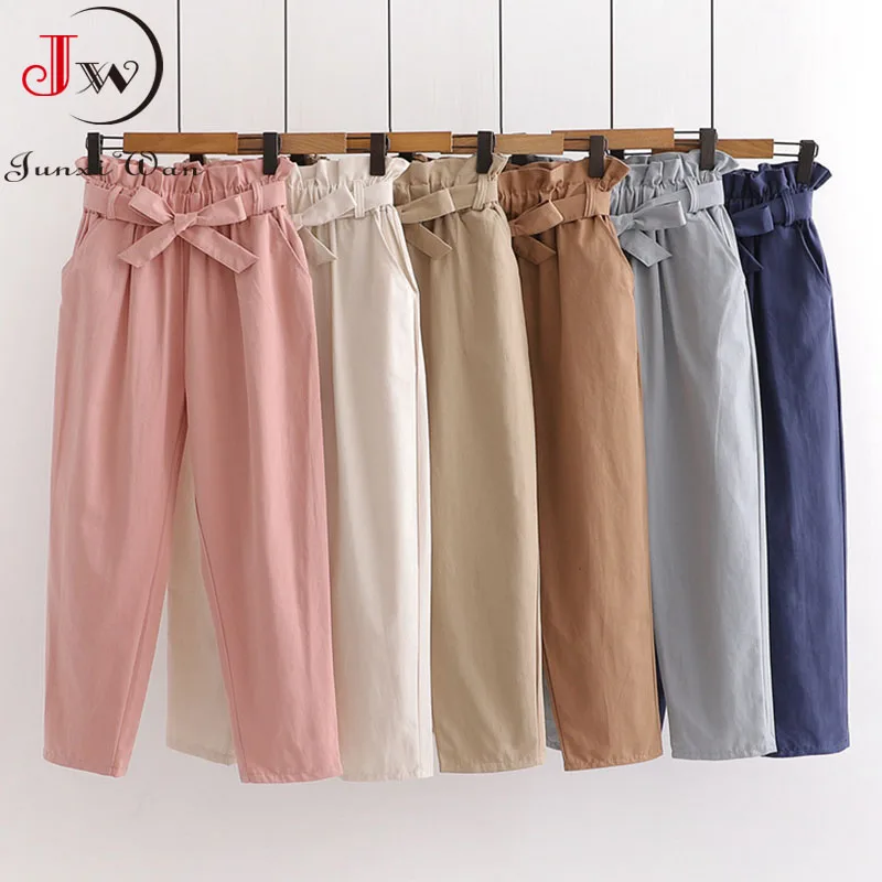 2022 Spring Summer Bow Belt Solid Elastic High Waist Casual Harem Pants Korean Sweet Girls Ankle-Length Cotton Long Trousers