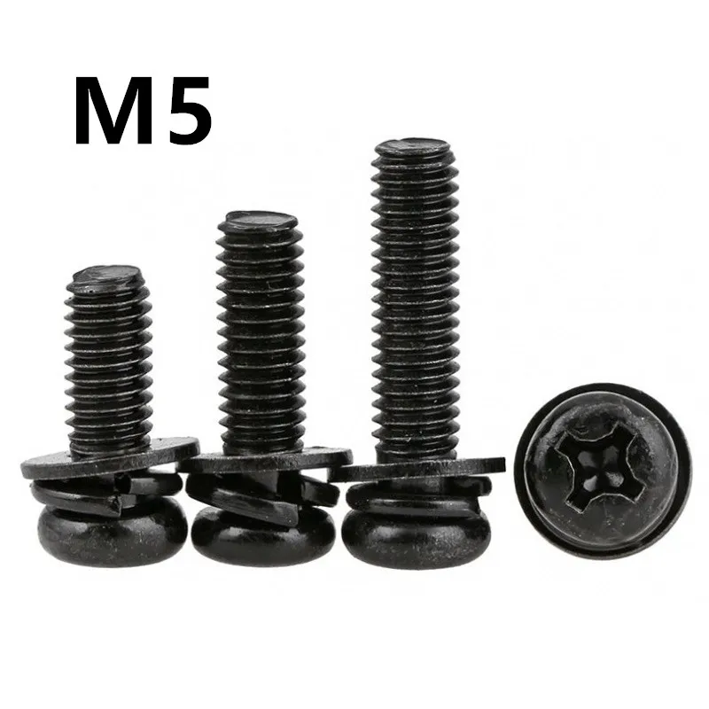 

100PCS M5 GB9074.4 Black 304 Stainless steel phillips pan head three combination screw sems screws with washer tamper-resistant