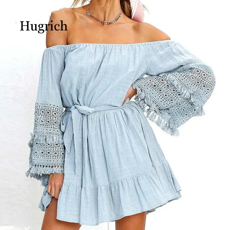 Women Sexy Slash Neck Solid High Waist Ruffled Flare Sleeve Sashes Dresses Beach Sundress Vestidos 2021