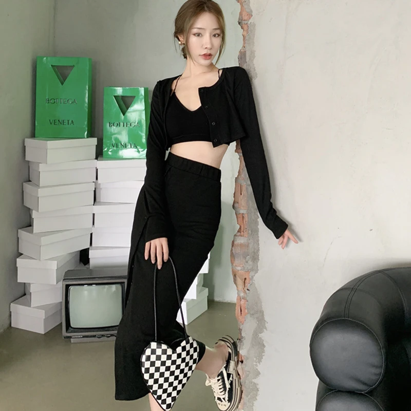 Women Korean Style Vintage Casual Long Sleeve Button Crop Short Tops Cardigan Coat High Waist Skirt Female Chic 2 Pieces Set