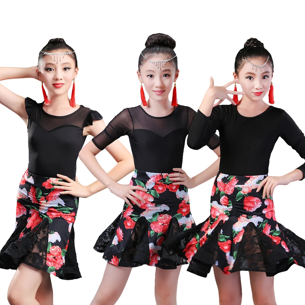 Kids Girls Spandex Latin Rumba Samba Dance Dress Children Ballroom Dancewear Children Class Performance Costume For 4-14 Years