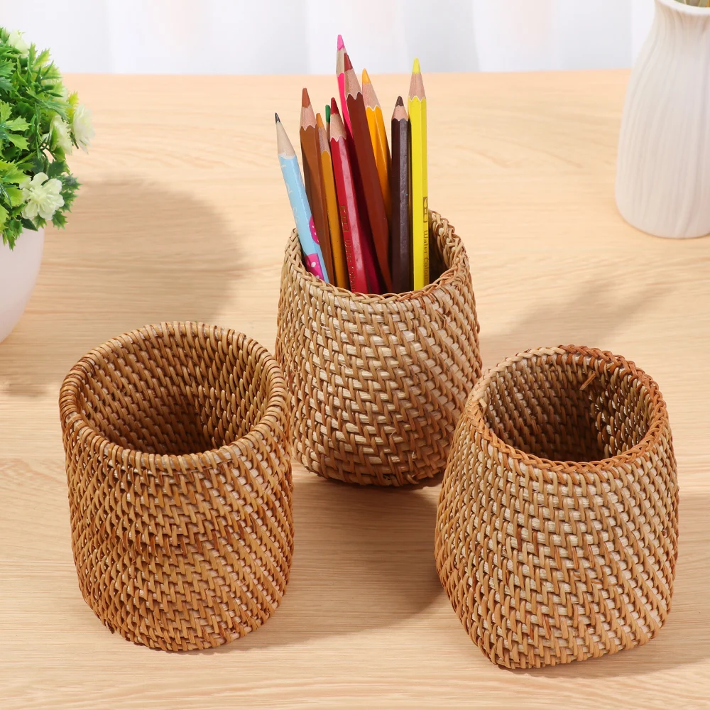 1PC Multi-use Rattan Pen Container Chopsticks Tube Sundries Storage Basket Tableware Organizer Tea Jar Handmade Box Handicraft