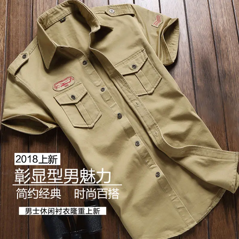 Military Shirt Men Tactics Short sleeve Summer Tops Solid color High quality 100% Cotton Pocket 5XL Plus size Man Clothes