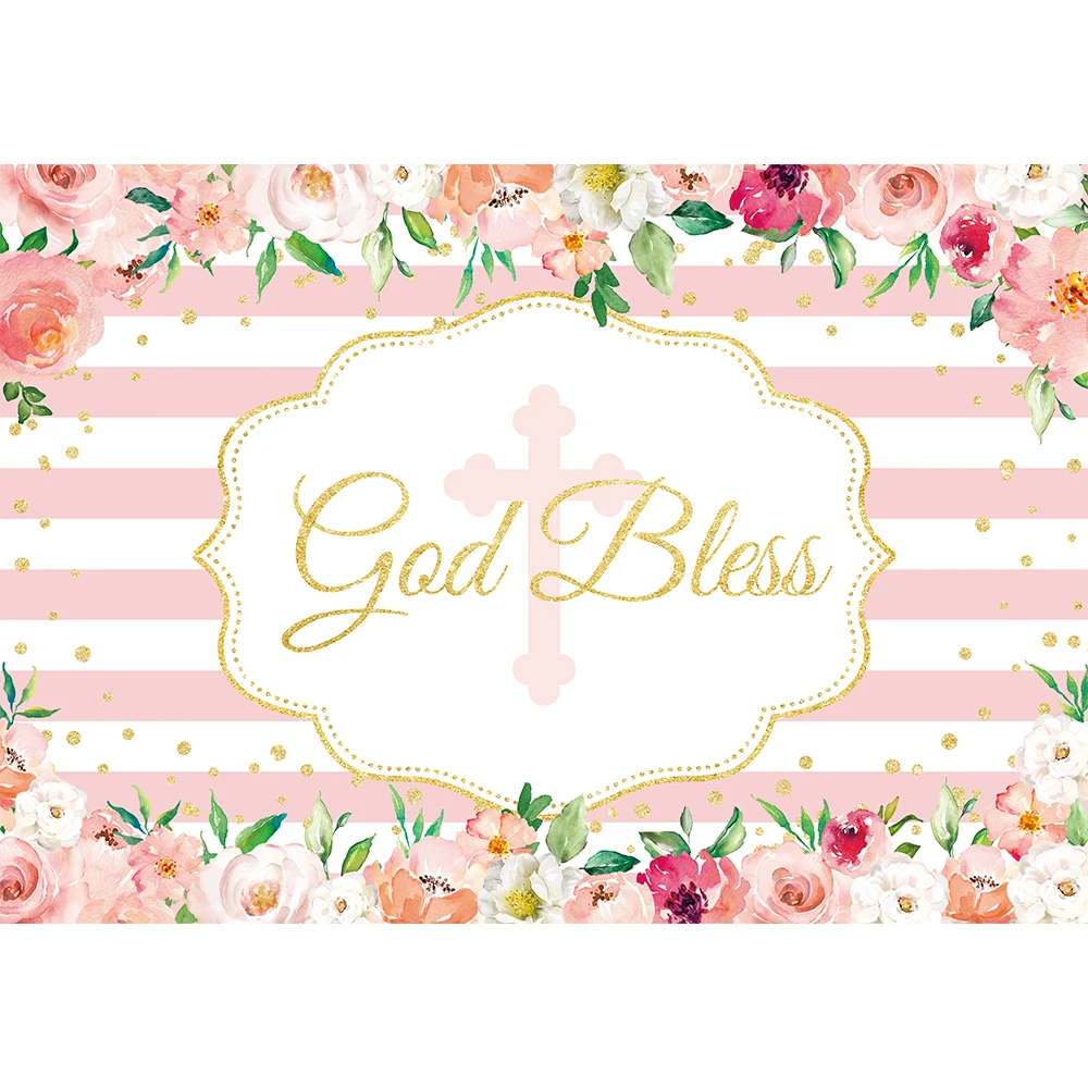 Allenjoy God Bless Floral Backdrops for Boy and Girl First Holy Communion Birthday Party Decor Baby Shower Banner Backgrounds