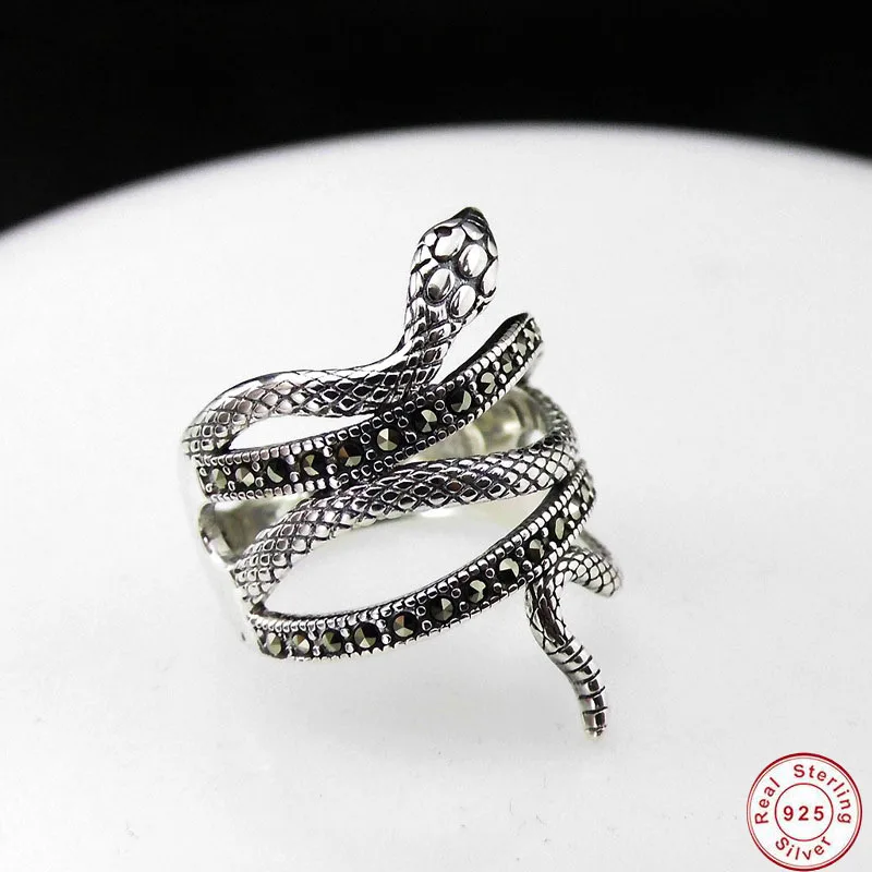 

Animal Snake Ring 925 Silver colour MARCASITE New Fashion Original S925 Sterling Silver colour Rings for Women Adjustable Size